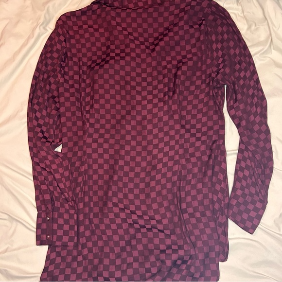 Cato Burgundy Checker Button Down Tunic Top XL Tie Waist Long Sleeve Blouse - Picture 3 of 8